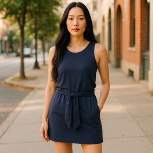 Theory Blue 100% Cotton Blouson Drop Waist Casual Summer Dress Size Small